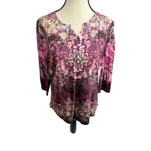 Christopher & Banks Womens M Pink Boho Print Henley Top 3/4 Sleeve Blouse